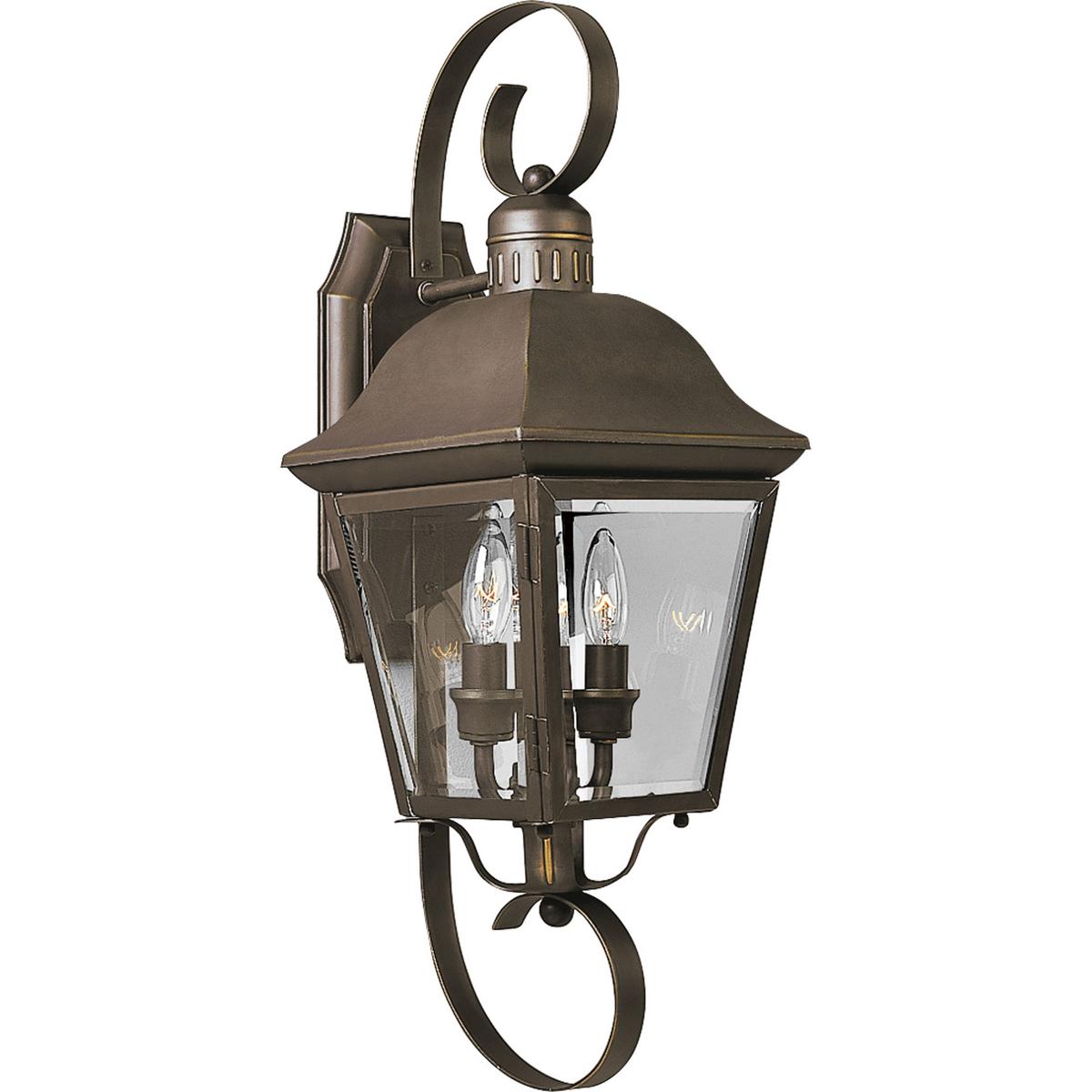 Hubbell P5688-20 The Andover collection two-light medium wall lantern with aluminum construction, offers a mixture of traditional and country style for a variety of applications. Beveled glass panels allow optimum brightness. Hinged door for easy relamping.  ; A mixture o