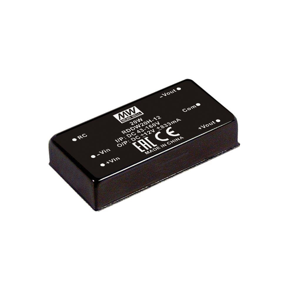 MEAN WELL RDDW20F-12 DC-DC Railway Dual Output Converter; Input 9-36VDC; Output +-12VDC at +-0.835A; 1.5KVDC I/O isolation; DIP Through hole package; Remote ON/OFF