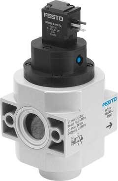 Festo 172963 on-off valve HEE-D-MAXI-110 For service units, without threaded connection plates with FRB threaded pin Design structure: Piston slide, Type of actuation: electrical, Sealing principle: soft, Exhaust-air function: not throttleable, Manual override: detent