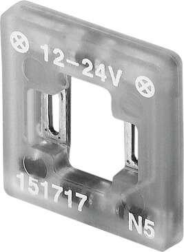 Festo 151717 illuminating seal MEB-LD-12-24DC For MEB-valves. Switching position indicator: LED, Mounting type: On solenoid valve with M2.5 central screw, Product weight: 0,6 g, Electrical connection: (* Plug pattern type C to EN 175301-803, * Per DIN EN 175301-803, *