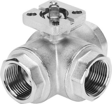Festo 4451869 ball valve VZBM-1/4-RP-40-F-3L-F03-B2B3 Brass, 3/2-way, nominal width 1/4", top flange F03, PN40, thread EN 10226-1. Design structure: (* 3-way ball valve, * L hole), Type of actuation: mechanical, Sealing principle: soft, Assembly position: Any, Mounting