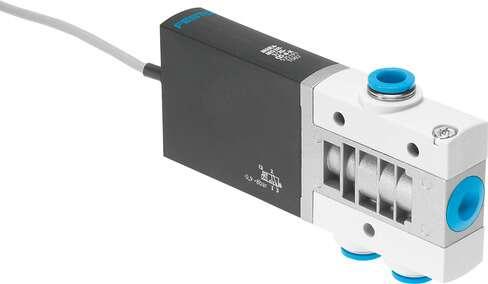 Festo 525193 solenoid valve MHE4-MS1H-3/2G-QS-8-K individual valve, fast switching, with cable. Valve function: 3/2 closed, monostable, Type of actuation: electrical, Width: 18 mm, Standard nominal flow rate: 400 l/min, Operating pressure: -0,9 - 8 bar