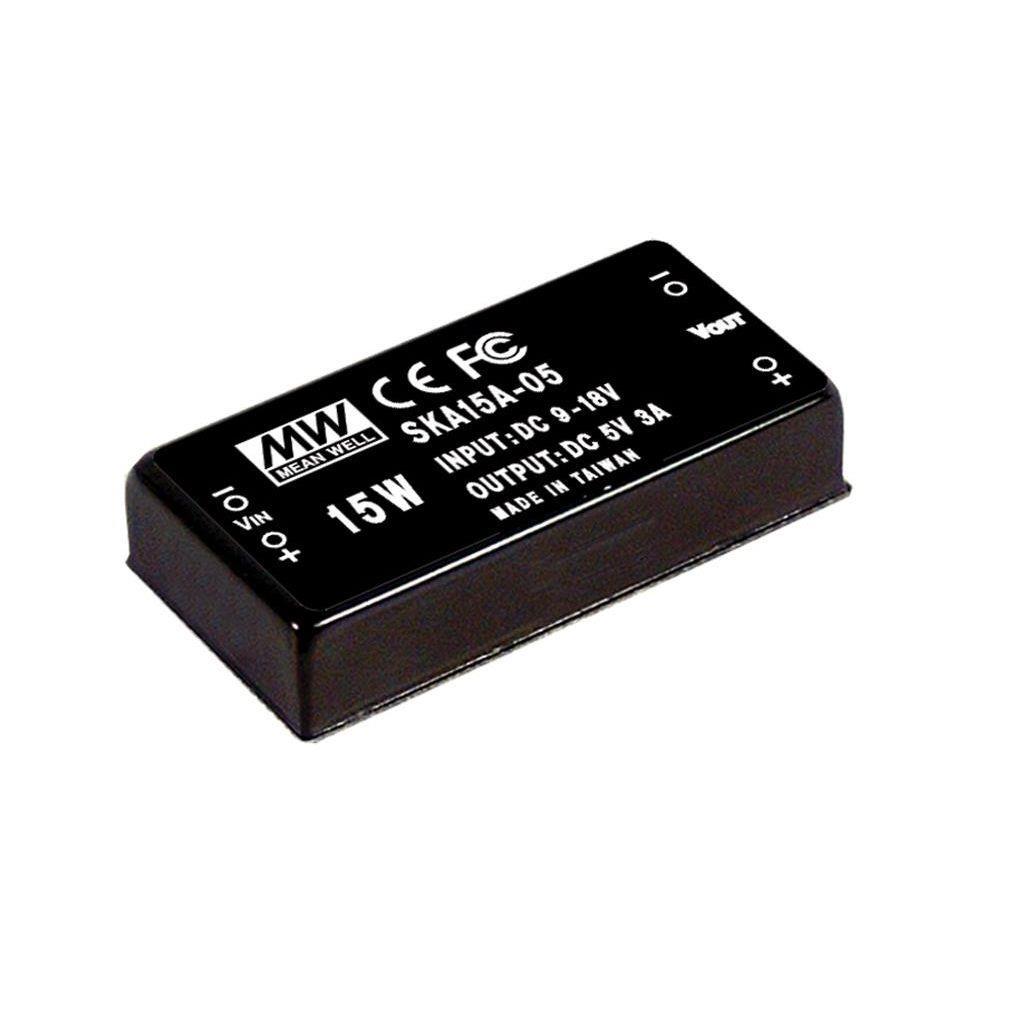 MEAN WELL SKA15A-05 DC-DC Converter PCB mount; Input 9-18Vdc; Output 5Vdc at 3000mA; DIP Through hole package; Built-in EMI filter; 2"x1" compact size; remote ON/OFF