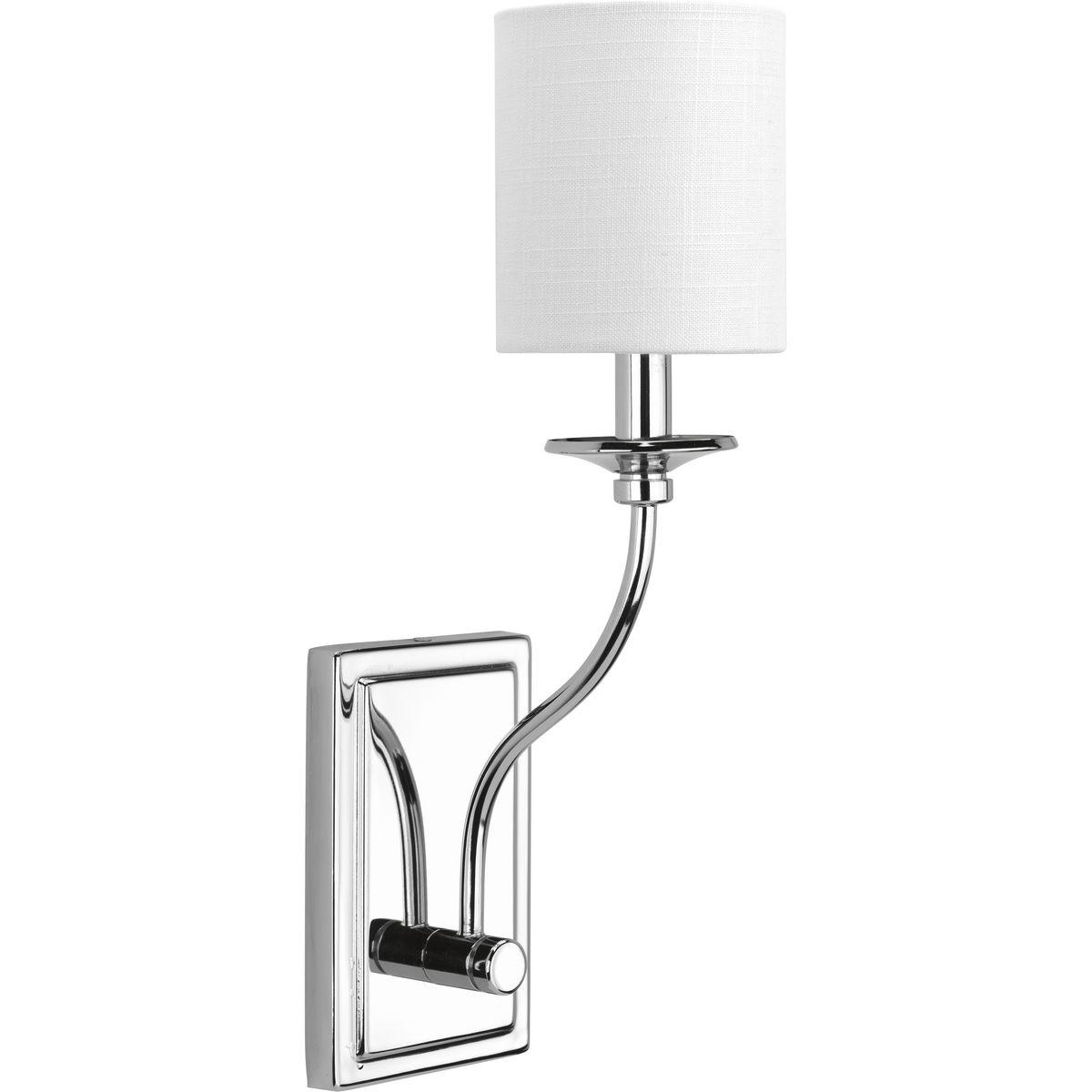 Hubbell P710018-015 Bonita sconces have a traditional elegance to complement luxurious living with an understated beauty. Crisp metal fittings support a graceful frame and candle topped with a Summer Linen shade. One-Light wall sconce. Polished Chrome finish.  ; Crisp metal 