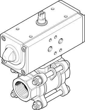 Festo 1809657 ball valve actuator unit VZBA-11/2"-GG-63-T-22-F0507-V4V4T-PP60-R 2/2-way, flange hole pattern F0507, thread EN 10226-1. Design structure: (* 2-way ball valve, * Swivel drive), Type of actuation: pneumatic, Assembly position: Any, Mounting type: Line inst