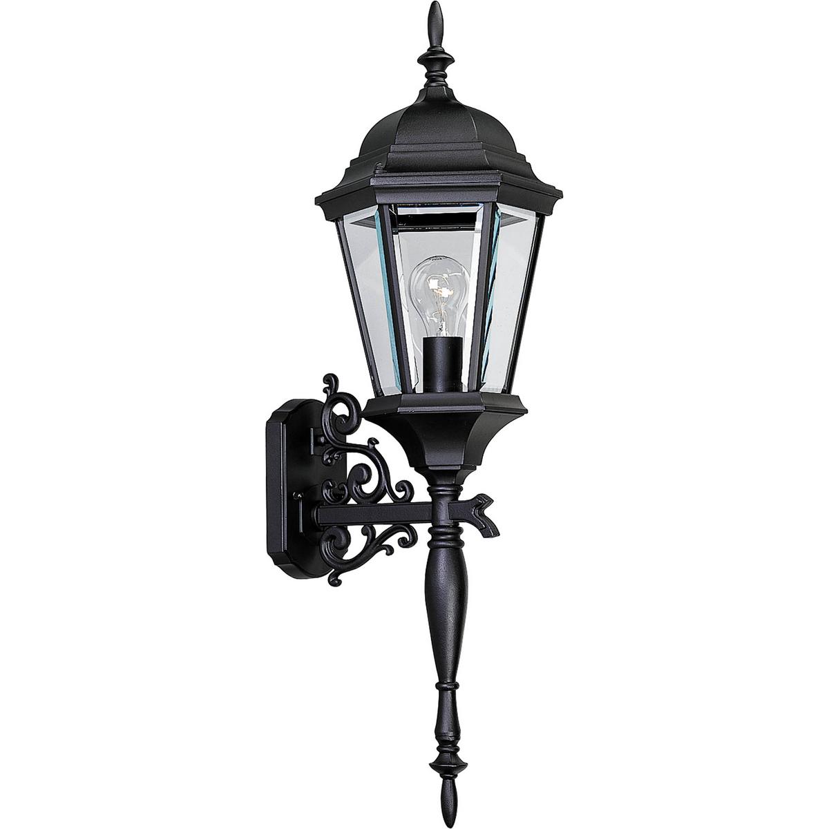 Hubbell P5684-31 The Welbourne collection features hexagonal framework with vine inspired scrolls and clear beveled glass panels. Cast aluminum construction with durable powder coat finish. One-light wall lantern. Use with or without tail.  ; Hexagonal framework. ; Vine i
