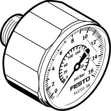 Festo 541733 pressure gauge MA-27-16-R1/8 With display unit in bar and psi. Indicating range [bar]: 0 - 16 bar, Nominal size of pressure gauge: 27, Design structure: Bourdon-tube pressure gauge, Mounting type: Line installation, Operating medium: (* Inert gases, * Neu