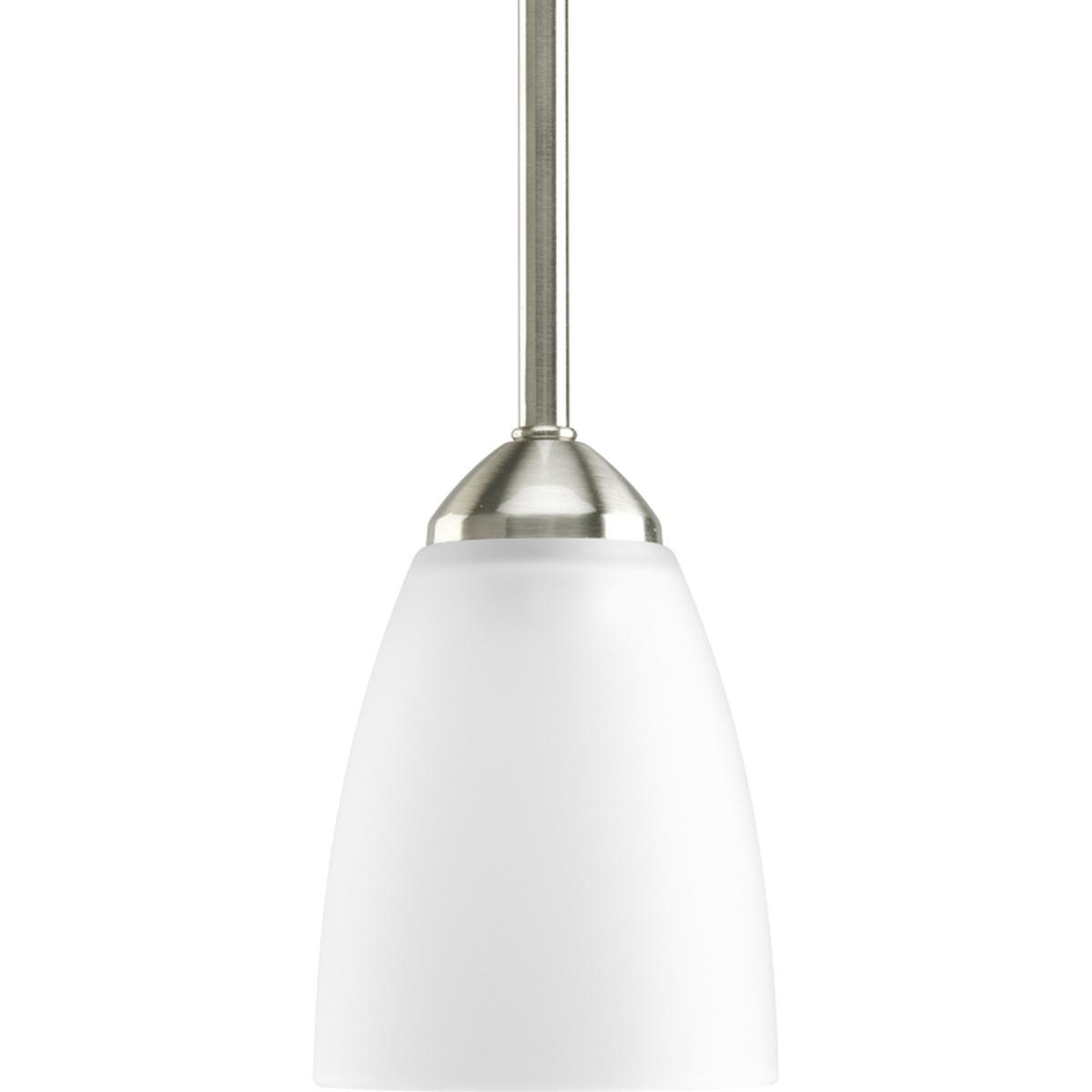Hubbell P5113-09 Gather possesses a smart simplicity to complement today's home. This one-light mini-pendant contains etched glass shades which add distinction and provide pleasing illumination to your room. Complimented by a Brushed Nickel finish.  ; Brushed Nickel finis