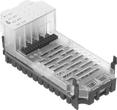 Festo 195750 input module CPX-8DE for modular electrical terminal CPX, 8 digital inputs. Dimensions W x L x H: (* (incl. interlinking block and connection technology), * 50 mm x 107 mm x 50 mm), No. of inputs: 8, Diagnosis: Short circuit/overload per channel, Paramete