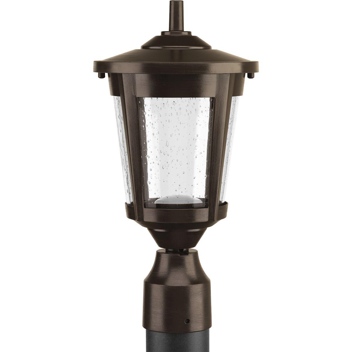 Hubbell P6430-2030K9 The East Haven LED Collection offers modern styling to complement a wide variety of home styles. The one-light LED post lantern has an Antique Bronze frame that cradles a seeded glass shade. Fits 3" post (order separately). 120V AC replaceable LED module,
