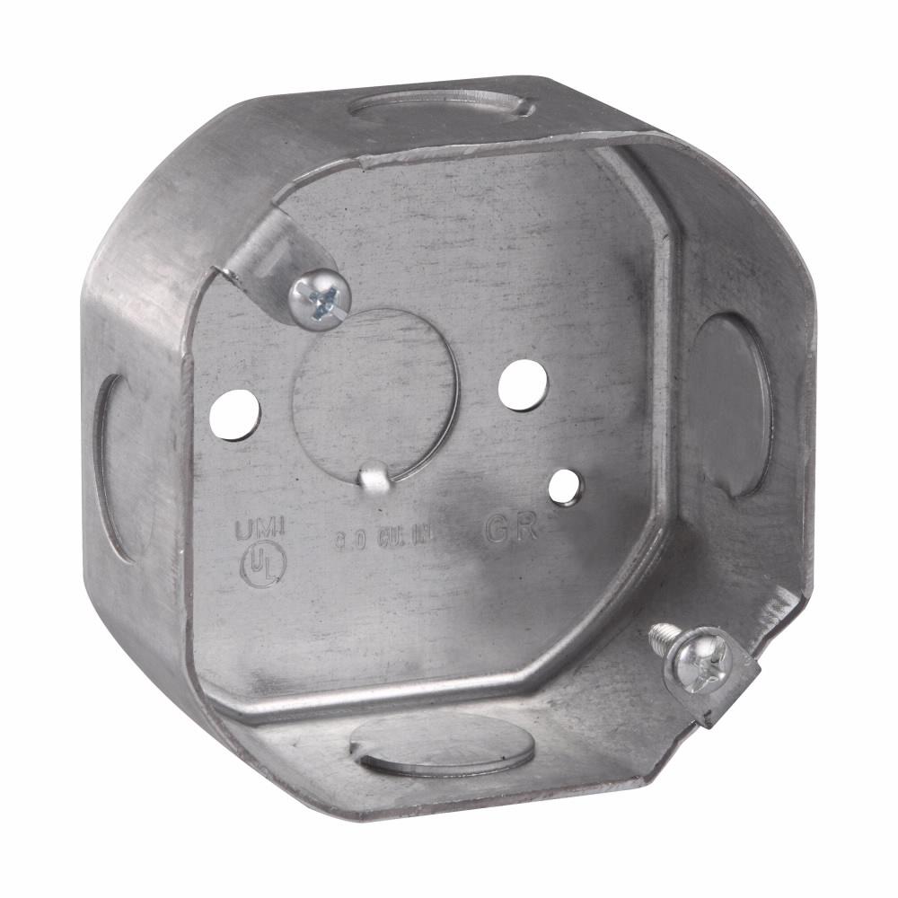 Eaton Corp TP256 Eaton Crouse-Hinds series Octagon Outlet Box, (1) 1/2", 3-1/4", Conduit (no clamps), 1-1/2", Steel, (4) 1/2", Fixture rated, 9.0 cubic inch capacity