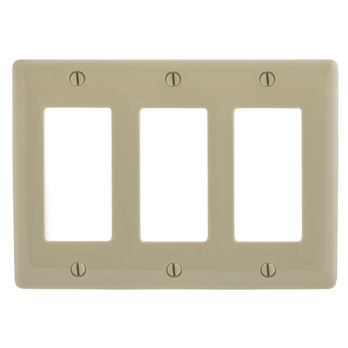 Hubbell NPJ263I Wallplates and Box Covers, Wallplate, Nylon, Mid-Sized, 3-Gang, 3) Decorator, Ivory  ; Reinforcement ribs for extra strength ; Curved corners for improved aesthetics ; High-impact, self-extinguishing nylon material ; Standard Size is 1/8" larger to give y