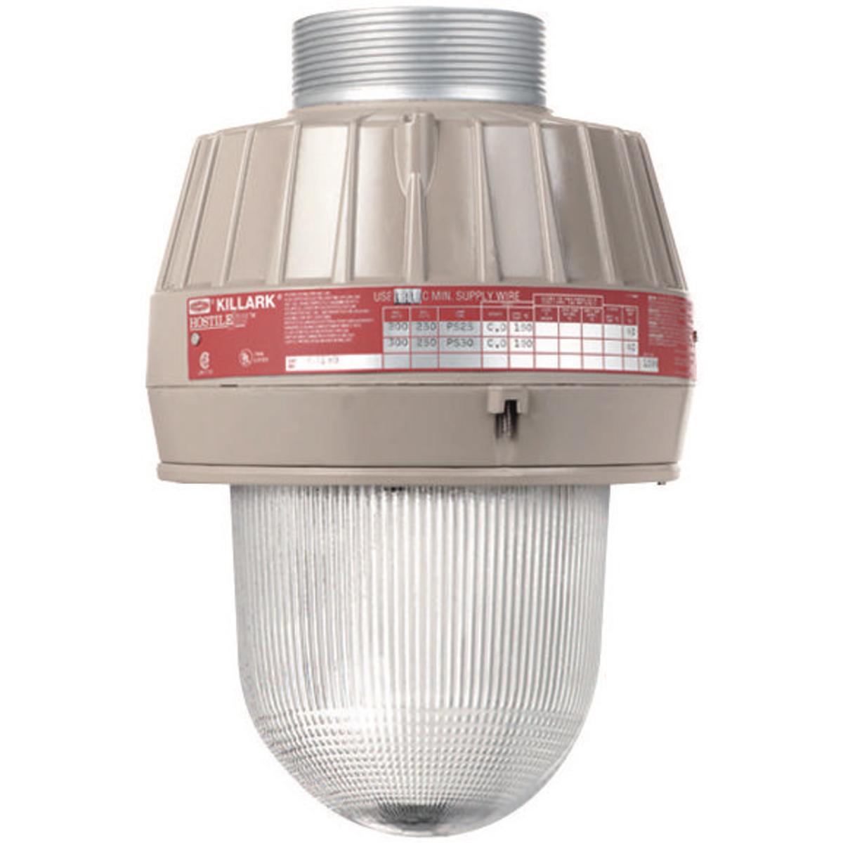 Hubbell EMS075 EM HPS 70W 480V Housing and Globe - Assembled with Lamp  ; Four light sources—Incandescent, compact fluorescent, high pressure sodium and metal halide ; Mounting choice—Pendant, ceiling, 25˚ stanchion or 90˚ wall mount, all with “wireless” design that all