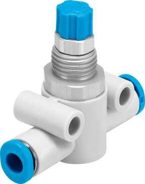 Festo 193965 one-way flow control valve GR-QS-3 With flow adjustable in one direction. Valve function: One-way flow control function, Pneumatic connection, port  1: QS-3, Pneumatic connection, port  2: QS-3, Adjusting element: Knurled screw, Mounting type: (* Front pa
