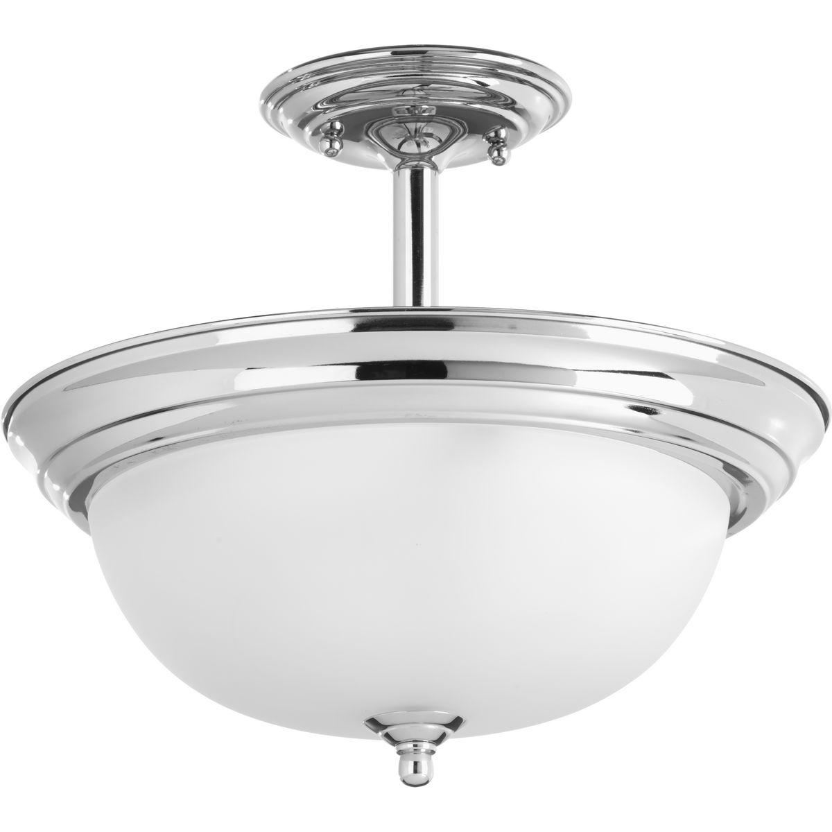 Hubbell P3927-15ET Two-light semi-flush/convertible mount with dome shaped glass, solid trim and decorative knobs. The polished chrome finish has an etched glass shade. Chain and ceiling mounts both included.  ; Dome shaped glass. ; Solid trim and decorative knobs. ; Etched