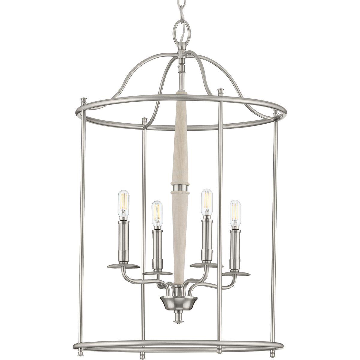 Hubbell P500210-009 This versatile foyer light from the Durrell Collection will easily find a home in a variety of settings in need of generous illumination. An elongated, open-cage frame coated in a farmhouse-style brushed nickel finish adds visual height to the design. Ins
