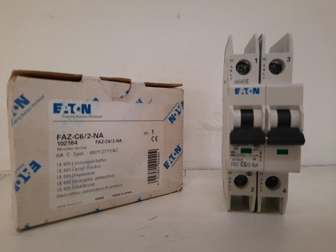 Eaton FAZ-C6/2-NA 277/480 VAC 50/60 Hz, 6 A, 2-Pole, 10/14 kA, 5 to 10 x Rated Current, Screw Terminal, DIN Rail Mount, Standard Packaging, C-Curve, Current Limiting, Thermal Magnetic