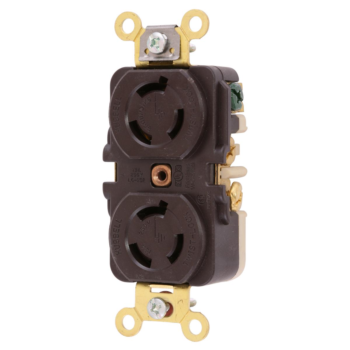 Hubbell HBL4550 Locking Devices, Twist-Lock®, Industrial, Duplex Flush Receptacle, 15A 250V, 2-Pole 3-Wire Grounding, NEMA L6-15R, Screw Terminal, Brown.  ; Reinforced thermoplastic construction ; Single piece, all brass contacts ; Single point break-off tabs ; Mounting 