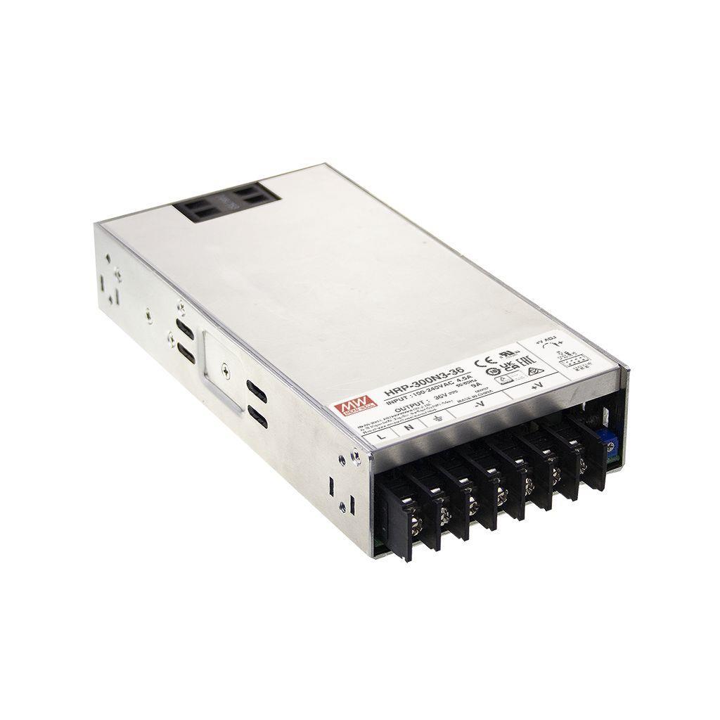 MEAN WELL HRP-300N3-48 AC-DC Single output enclosed power supply; Output 48Vdc at 7A; 350% peak power upto 5 seconds; constant current limiting; withstand 5G vibration; fanless, free air convection; 1U 41mm low profile.