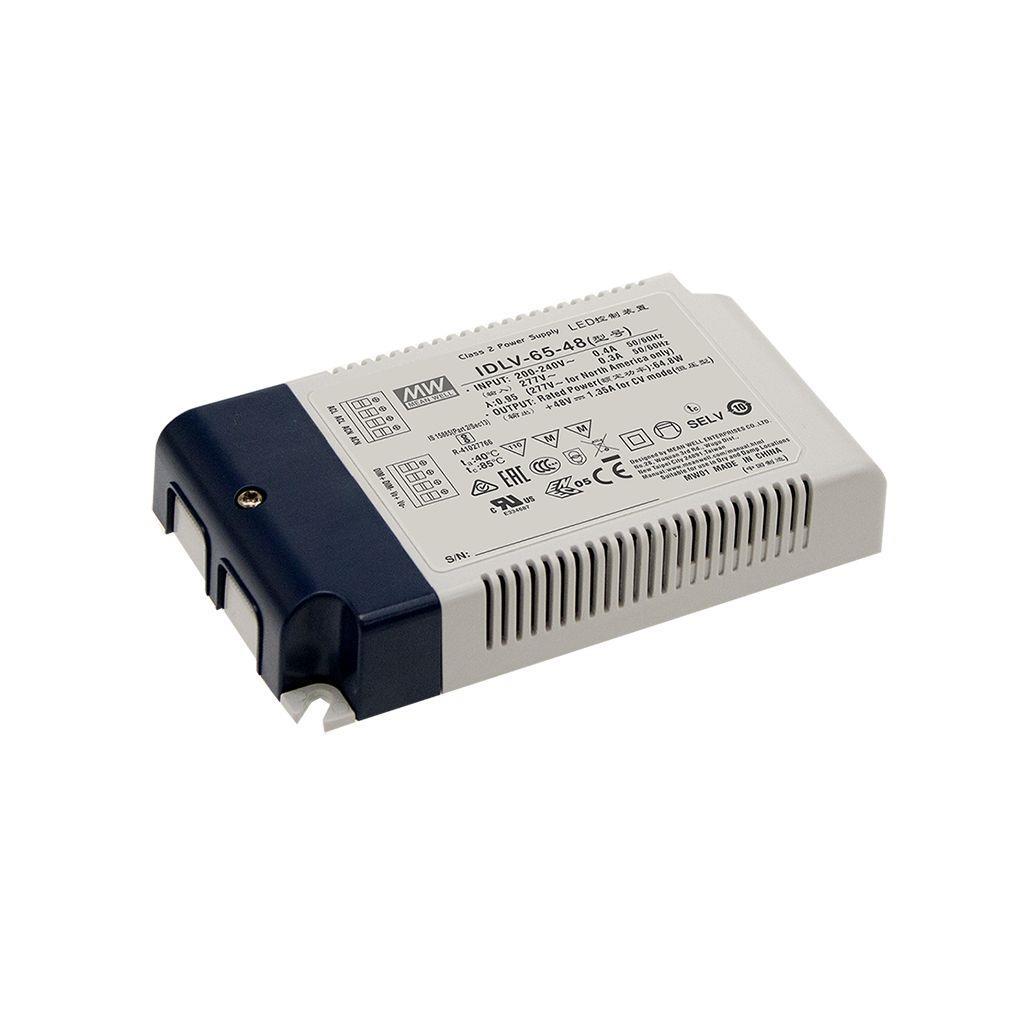 MEAN WELL IDLV-65-24 AC-DC Constant Voltage LED Driver (CV); Input range 180-295VAC; Output 24Vdc at 2.4A; 2 in 1 dimming with 0-10Vdc or PWM signal