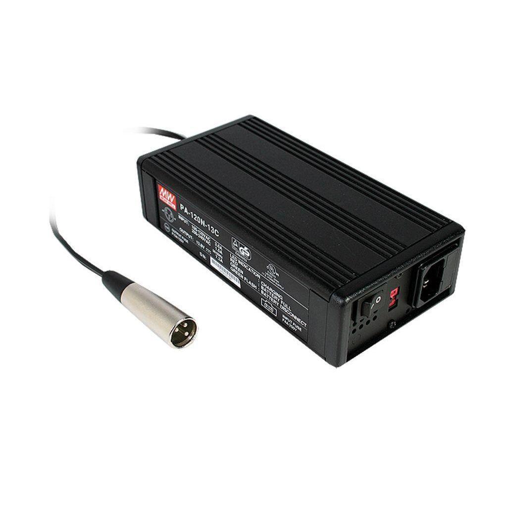 MEAN WELL PA-120P-13C AC-DC Desktop power supply or battery charger with PFC; Input 3 pin IEC320-C14 input socket; Output 13.8VDC at 7.2A with 3 pin XLR plug; With case; PA-120P-13C is succeeded by PA-120N-13C.
