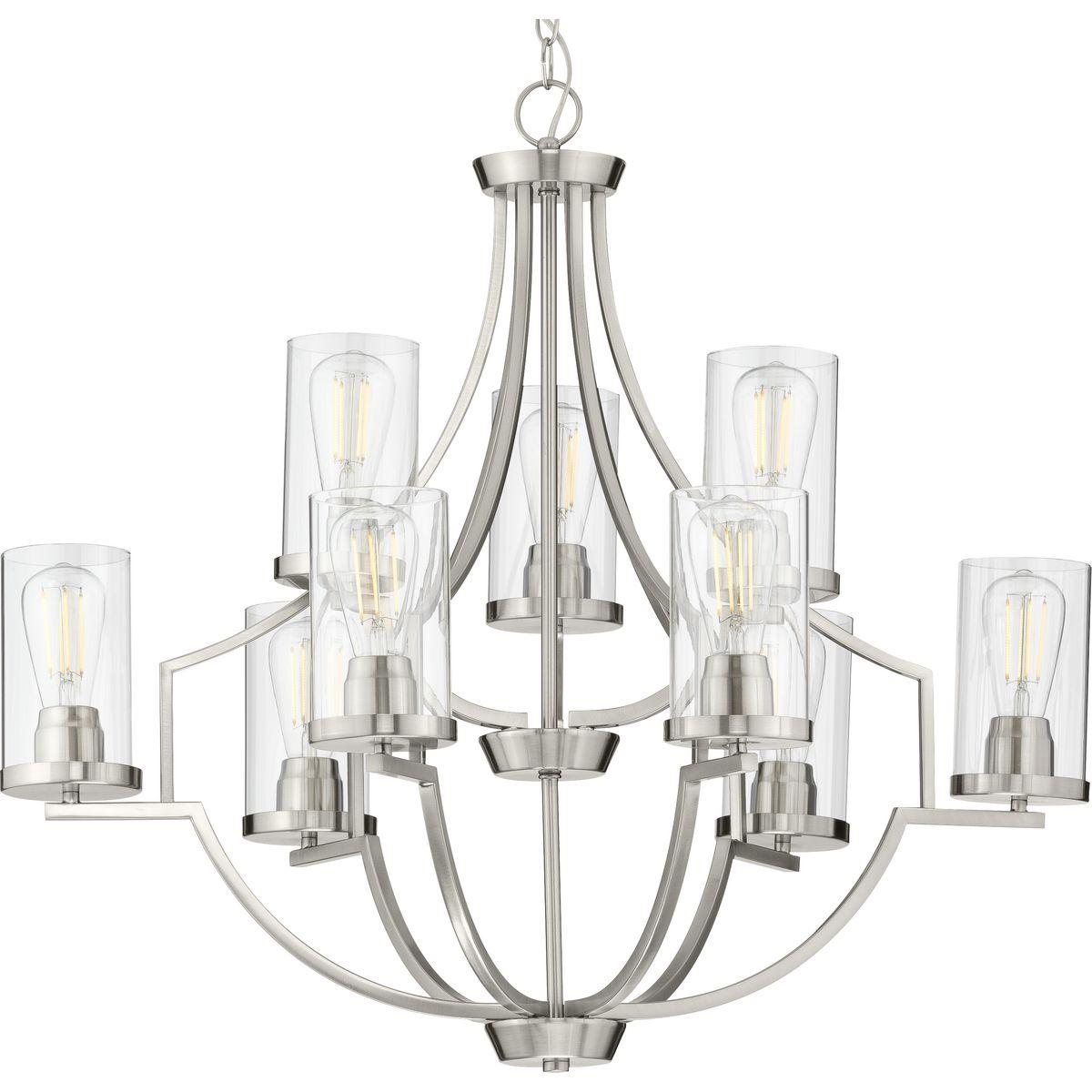 Hubbell P400198-009 Manifest a swoon-worthy lighting experience with the stunning blend of the modern and traditional styles in this one-of-a-kind chandelier. Square tubing with clean, sharp angles is coated in a beautiful brushed nickel finish that demands your attention. S