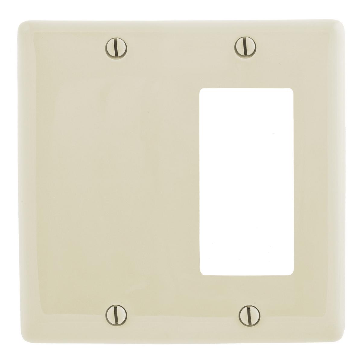 Hubbell NP1326LA Wallplates and Box Covers, Wallplate, Nylon, 2-Gang, 1) Decorator 1) Blank, Light Almond  ; Reinforcement ribs for extra strength ; High-impact, self-extinguishing nylon material ; Captive screw feature holds mounting screw in place ; Standard Size is 1/8