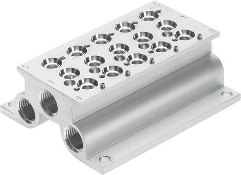 Festo 550082 manifold block CPE14-PRS-3/8-5-NPT For CPE valves. Grid dimension: 20 mm, Assembly position: Any, Max. number of valve positions: 5, Max. no. of pressure zones: 2, Operating pressure: -13 - 145 Psi