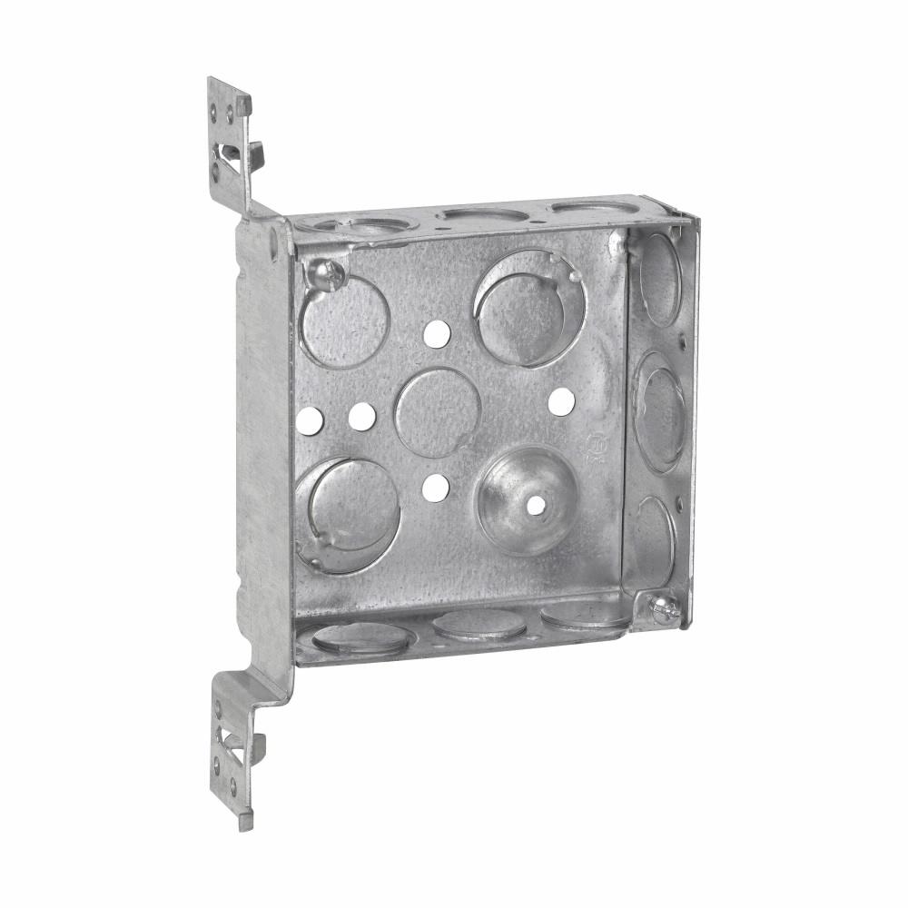 Eaton TP423PF Eaton Crouse-Hinds series Square Outlet Box, (2) 1/2", (2) 1/2", (1) 3/4" E, 4", VMS, Conduit (no clamps), Welded, 1-1/2", Steel, (6) 1/2", (3) 1/2", (1) 3/4" E, Includes ground screw with pigtail lead, 22.0 cubic inch capacity