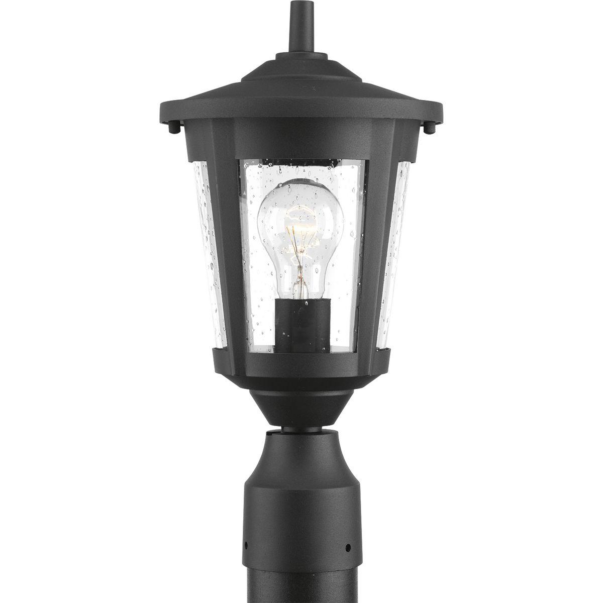 Hubbell P6425-31 The East Haven Collection offers modern styling to complement a wide variety of home styles. The one-light post lantern has a Black frame that cradles a seeded glass shade. Fits 3" post (order separately). Hanging and wall mounting fixtures complete the c