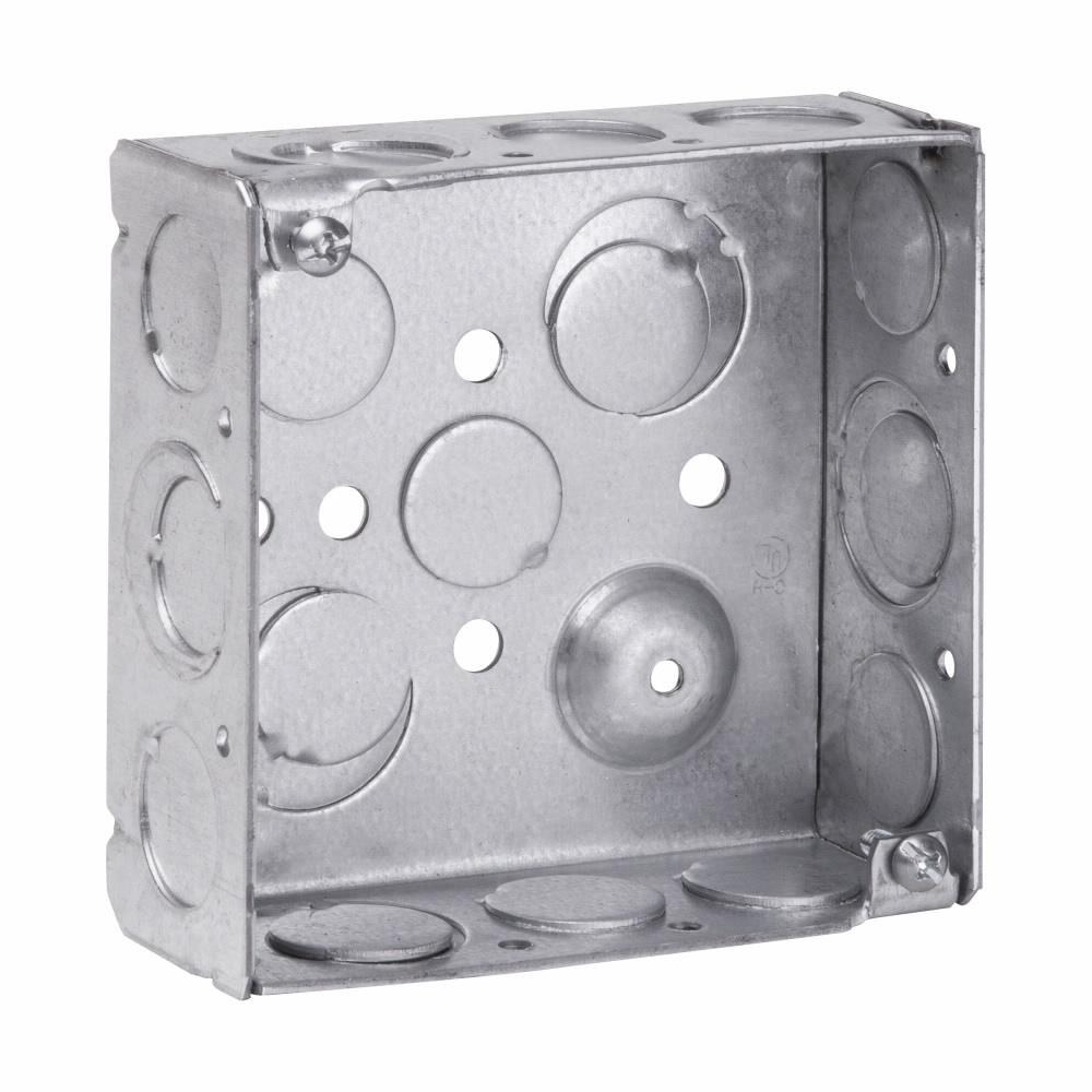 Eaton Corp TP404G Eaton Crouse-Hinds series Square Outlet Box, (2) 1/2", (2) 1/2", (1) 3/4" E, 4", Conduit (no clamps), Welded, 1-1/2", Steel, (8) 1/2",(4) 1/2", (1) 3/4" E, Ground screw installed, 22.0 cubic inch capacity