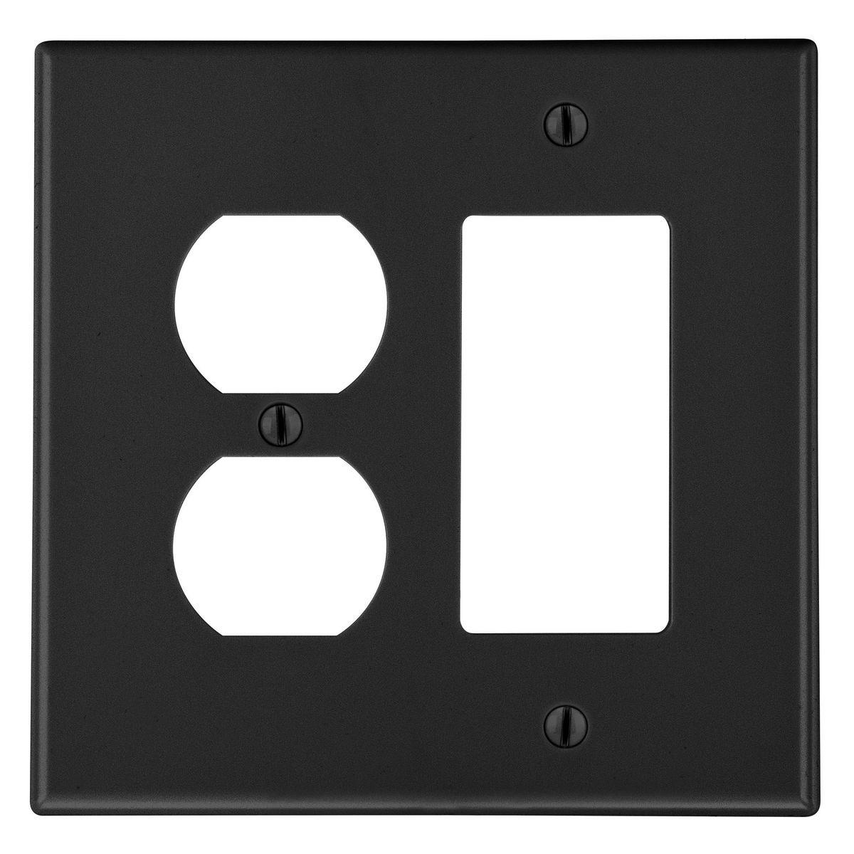 Hubbell PJ826BK Wallplate, Mid-Size 2-Gang, 1) Duplex 1) Decorator, Black  ; High-impact, self-extinguishing polycarbonate material ; More Rigid ; Sharp lines and less dimpling ; Smooth satin finish ; Blends into wall with an optimum finish ; Smooth Satin Finish
