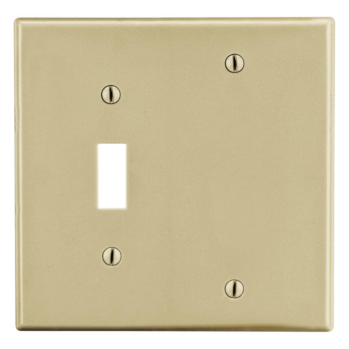 Hubbell PJ113I Wallplate, Mid-Size 2-Gang, 1) Toggle 1) Box Mount Blank, Ivory  ; High-impact, self-extinguishing polycarbonate material ; More Rigid ; Sharp lines and less dimpling ; Smooth satin finish ; Blends into wall with an optimum finish ; Smooth Satin Finish