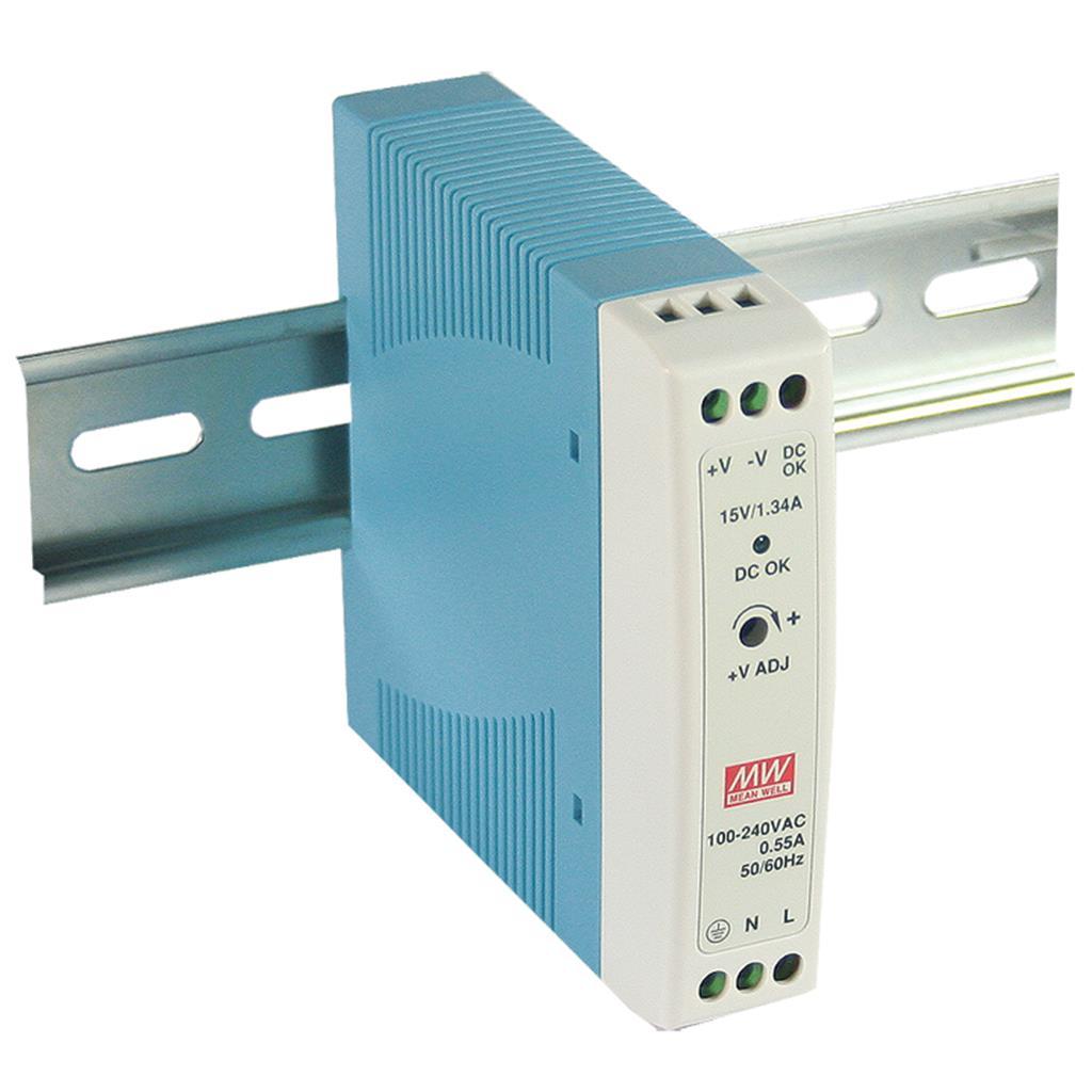 MEAN WELL MDR-20-12 AC-DC Industrial DIN rail power supply; Output 12Vdc at 1.67A; plastic case