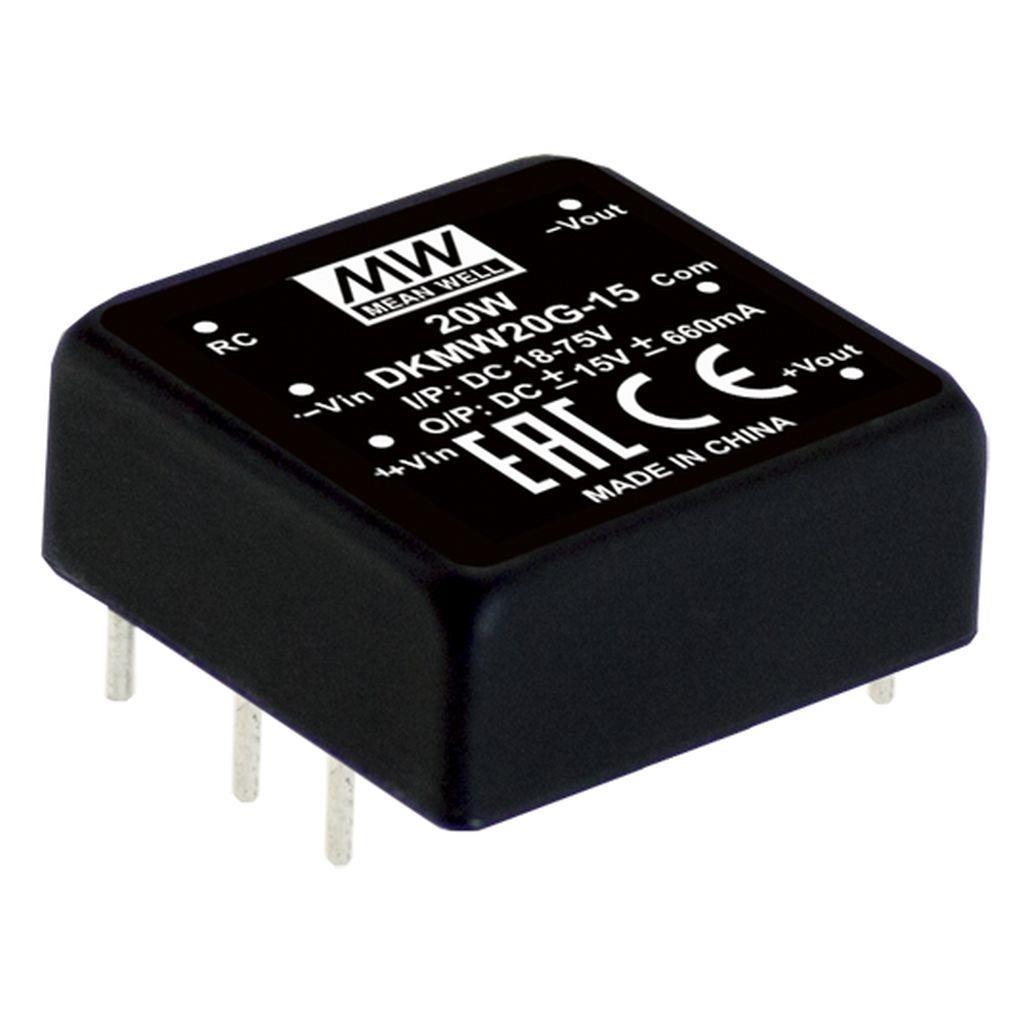 MEAN WELL DKMW20F-12 DC-DC Converter PCB mount; Input 9-36Vdc; Dual Output +-12Vdc at +-0.83A; DIP Through hole package; 1" x 1" ultra compact size; Remote ON/OFF