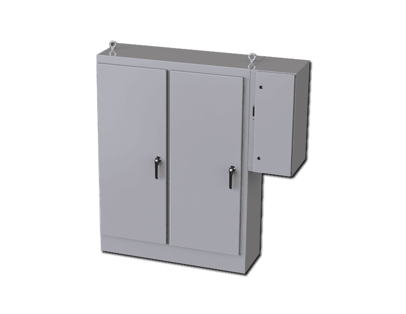 Saginaw Control SCE-72XD5418 2DR XD Enclosure, Height:72.00", Width:53.75", Depth:18.00", ANSI-61 gray powder coating inside and out. Sub-panels are powder coated white.