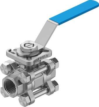 Festo 8096665 ball valve VZBE-1/2-T-63-T-2-F0304-M-V15V15 Design structure: 2-way ball valve, Type of actuation: mechanical, Sealing principle: soft, Assembly position: Any, Mounting type: Line installation