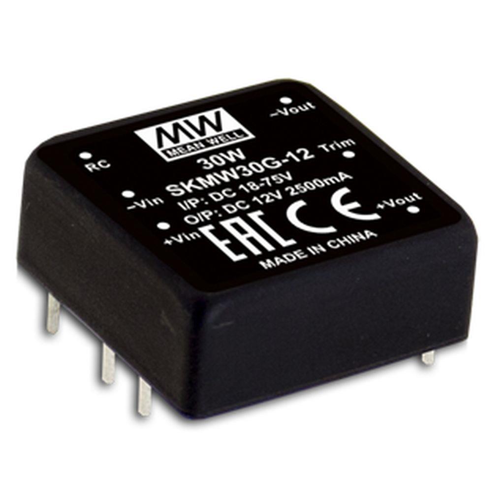 MEAN WELL SKMW30G-12 DC-DC Converter PCB mount; Input 18-75Vdc; Single Output 12Vdc at 2.5A; DIP Through hole package; 1" x 1" ultra compact size; Remote ON/OFF