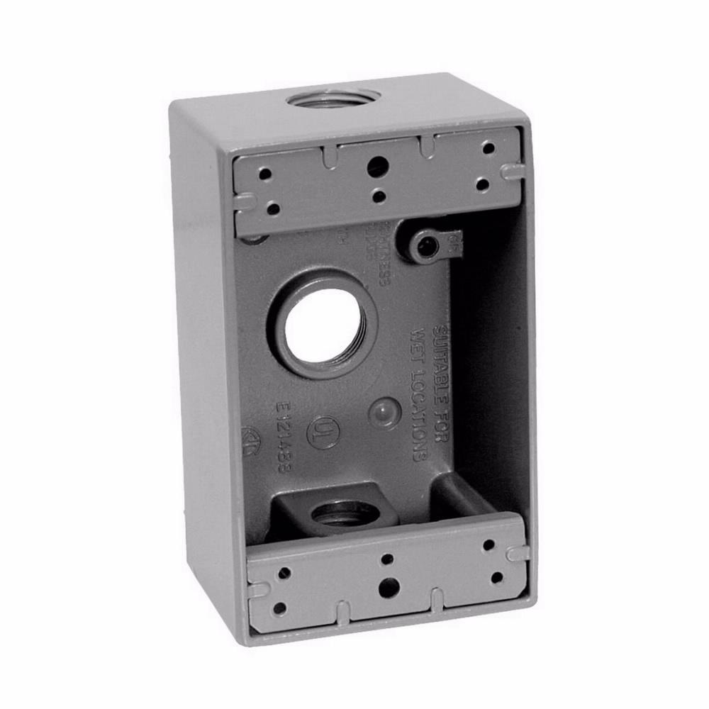 Eaton Corp TP7020 Eaton Crouse-Hinds series weatherproof outlet box, 18.3 cu in capacity, Bronze, 2" deep, Die cast aluminum, Single-gang, (3) 3/4" outlet holes, Rectangular