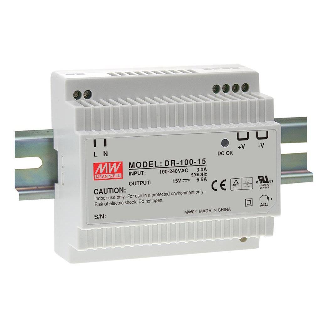 MEAN WELL DR-100-15 AC-DC Industrial DIN rail power supply; Output 15Vdc at 6.5A; plastic T-shape case; DR-100-15 is succeeded by HDR-100-15.