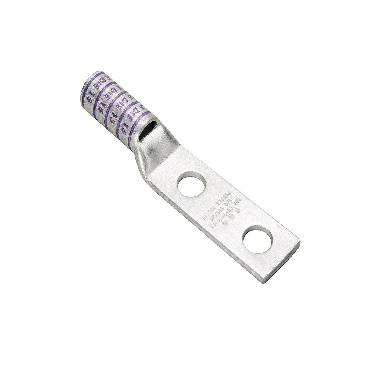 Hubbell YAZ2C2TC38E2 Copper Compression Lug, 2 Hole w/ Inspection Window, 2 AWG, 3/8" Stud, 3/4" Stud Hole Spacing, Long Barrel, Tin Plated.  ; Features: UL Listed 90 DEG C, 600 V - 35 KV, 45 DEG And 90 DEG Angles Are Available, With Inspection Window, Finish: Electro-Tin Pla