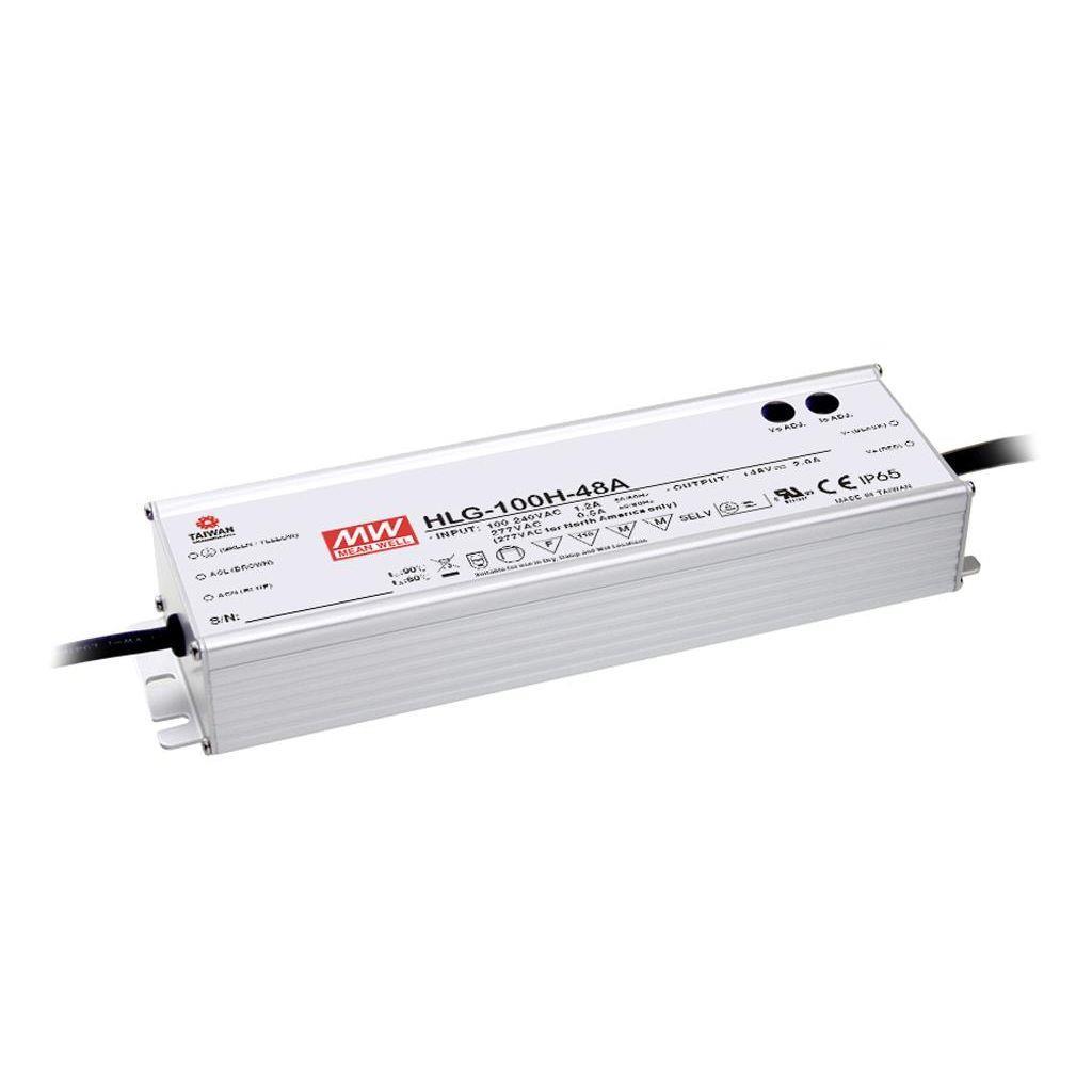 MEAN WELL HLG-100H-24 AC-DC Single output LED driver Mix mode (CV+CC) with built-in PFC; Output 24Vdc at 4A; IP67; Cable output