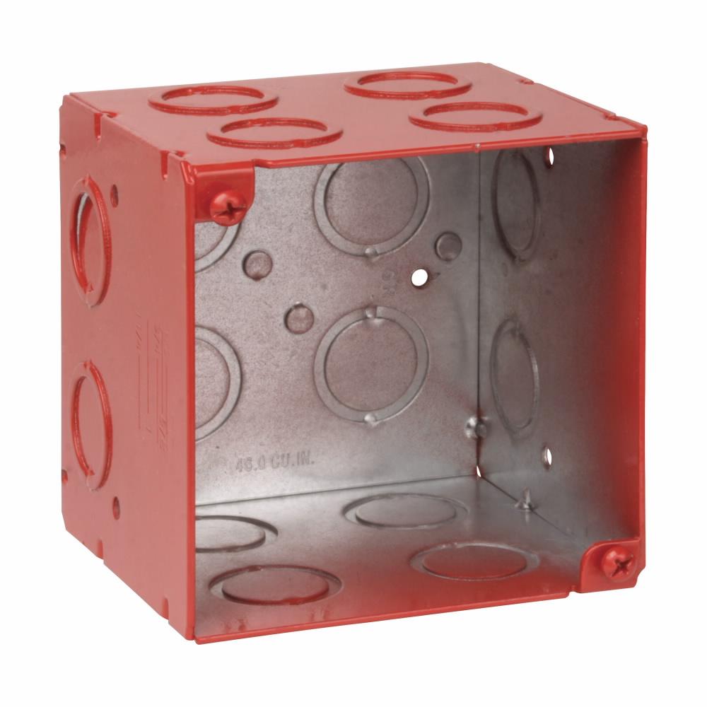 Eaton Corp TP413RED Eaton Crouse-Hinds series Square Outlet Box, (2) 1/2", (2) 3/4", 4", Red, Conduit (no clamps), Welded, 3-1/2", Steel, (8) 1/2", (1) 3/4" C, (4) 3/4", (4) 1", 50.0 cubic inch capacity