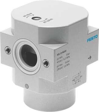 Festo 170692 on-off valve HEL-D-MAXI For service units, without threaded connection plates with FRB threaded pin. Gradual pressure build-up. The valve function is equivalent to a 2/2-way directional control valve. Exhaust-air function: throttleable, Type of actuation: