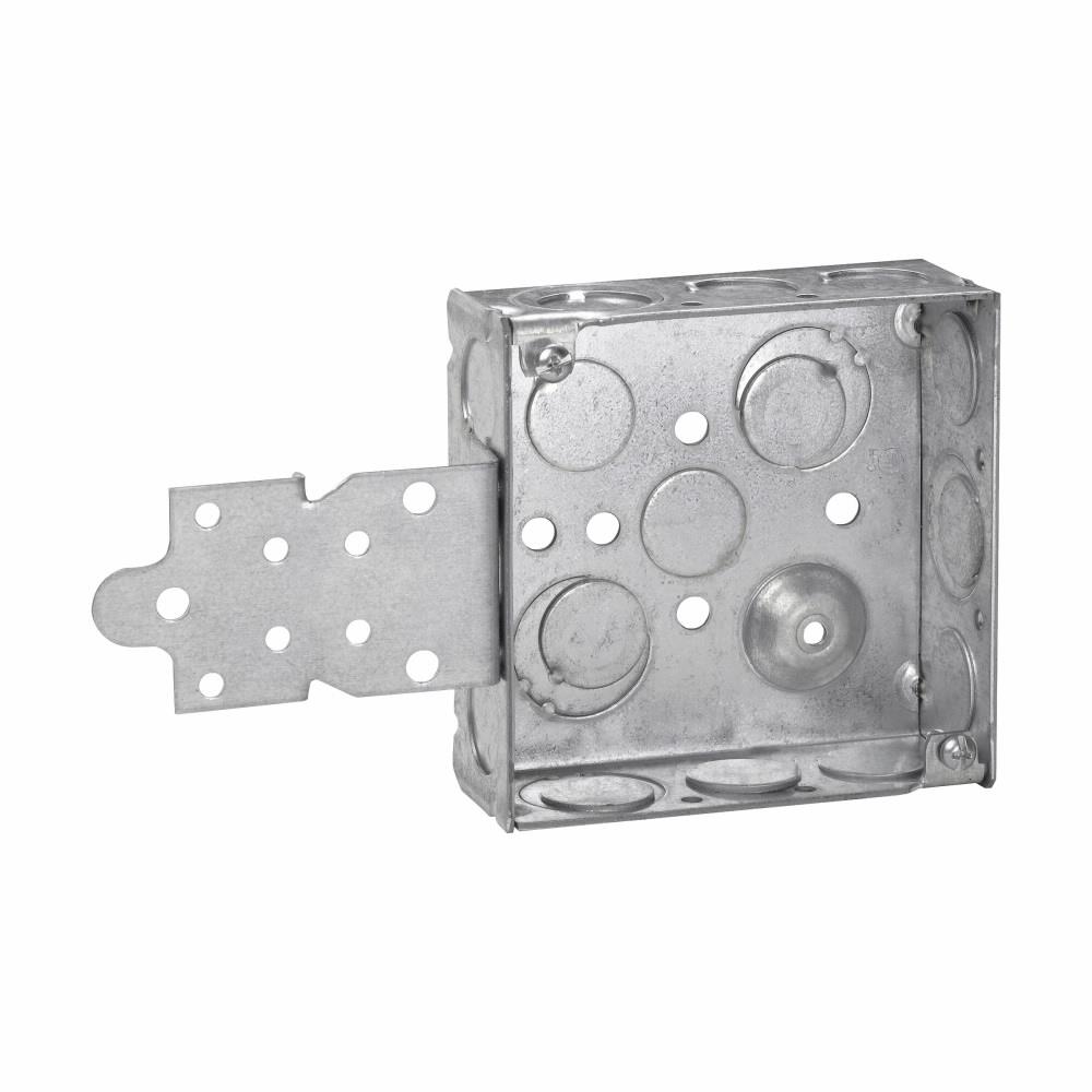 Eaton Corp TP418 Eaton Crouse-Hinds series Square Outlet Box, (2) 1/2", (2) 1/2", (1) 3/4" E, 4", F, Conduit (no clamps), Welded, 1-1/2", Steel, (6) 1/2", (3) 1/2", (1) 3/4" E, 22.0 cubic inch capacity