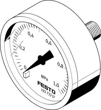 Festo 162844 pressure gauge MA-63-1-1/4-EN With display unit in bar and psi. Indicating range [bar]: 0 - 1 bar, Conforms to standard: EN 837-1, Nominal size of pressure gauge: 63, Design structure: Bourdon-tube pressure gauge, Mounting type: Line installation