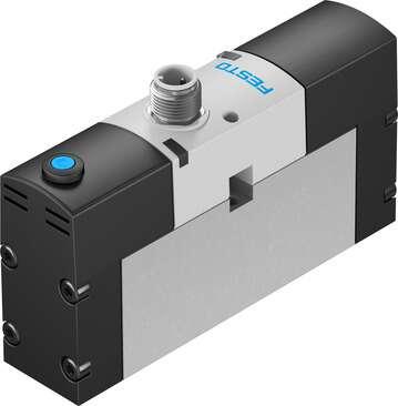 Festo 534536 solenoid valve VSVA-B-M52-MH-A1-1R2L with central plug, round design M8x1. Valve function: 5/2 monostable, Type of actuation: electrical, Width: 26 mm, Operating pressure: 3 - 8 bar, Design structure: Piston slide