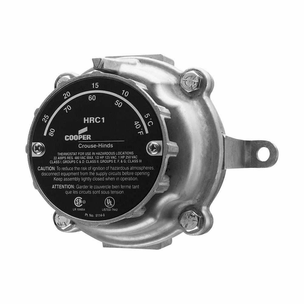 Eaton HRC1 Eaton Crouse-Hinds series HRC bimetal thermostat, 0.5 HP/1 HP, Copper-free aluminum, 1-pole, 2.5°F (1.5°C) temp. diff, 36° to 82°F (2° to 28°C) temp. range, Single-throw, 3/4", For heating applications only, 120/250 Vac