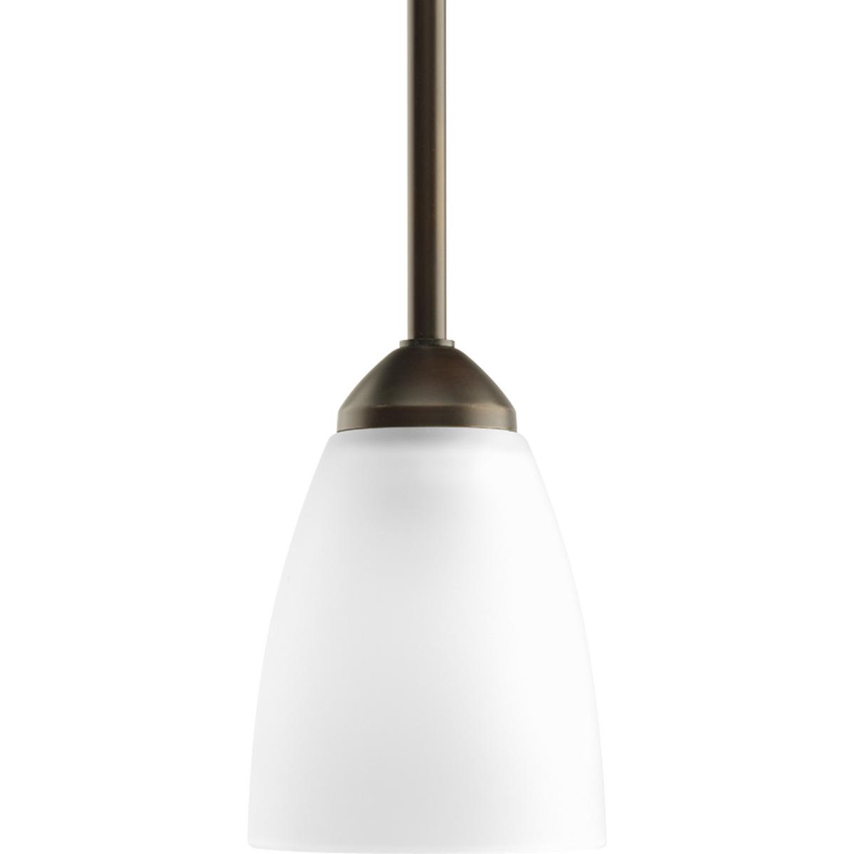 Hubbell P5113-20 Gather possesses a smart simplicity to complement today's home. This one-light mini-pendant contains etched glass shades which add distinction and provide pleasing illumination to your room. Complimented by a Antique Bronze finish.  ; Antique Bronze finis
