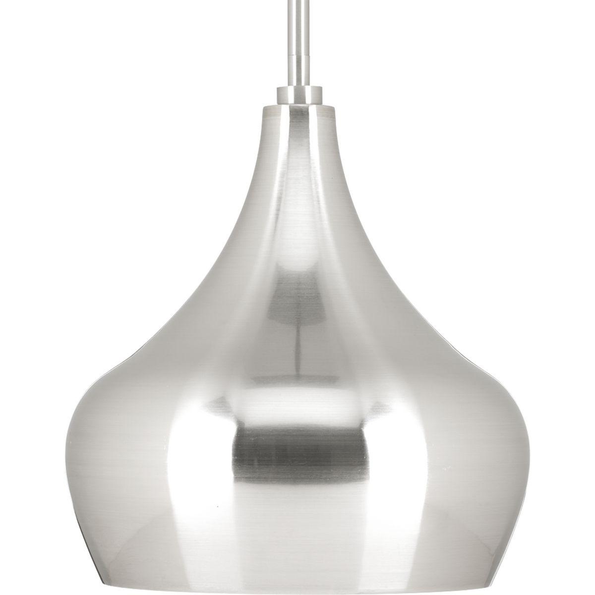 Hubbell P5187-0930K9 Uniquely shaped modern 10 inch LED pendant with sleek lines. This pendant utilizes a Brushed Nickel Finish with a white linen interior for optimal light output. This pendant is ideal for modern, transitional or urban industrial kitchens.  ; Modern LED min